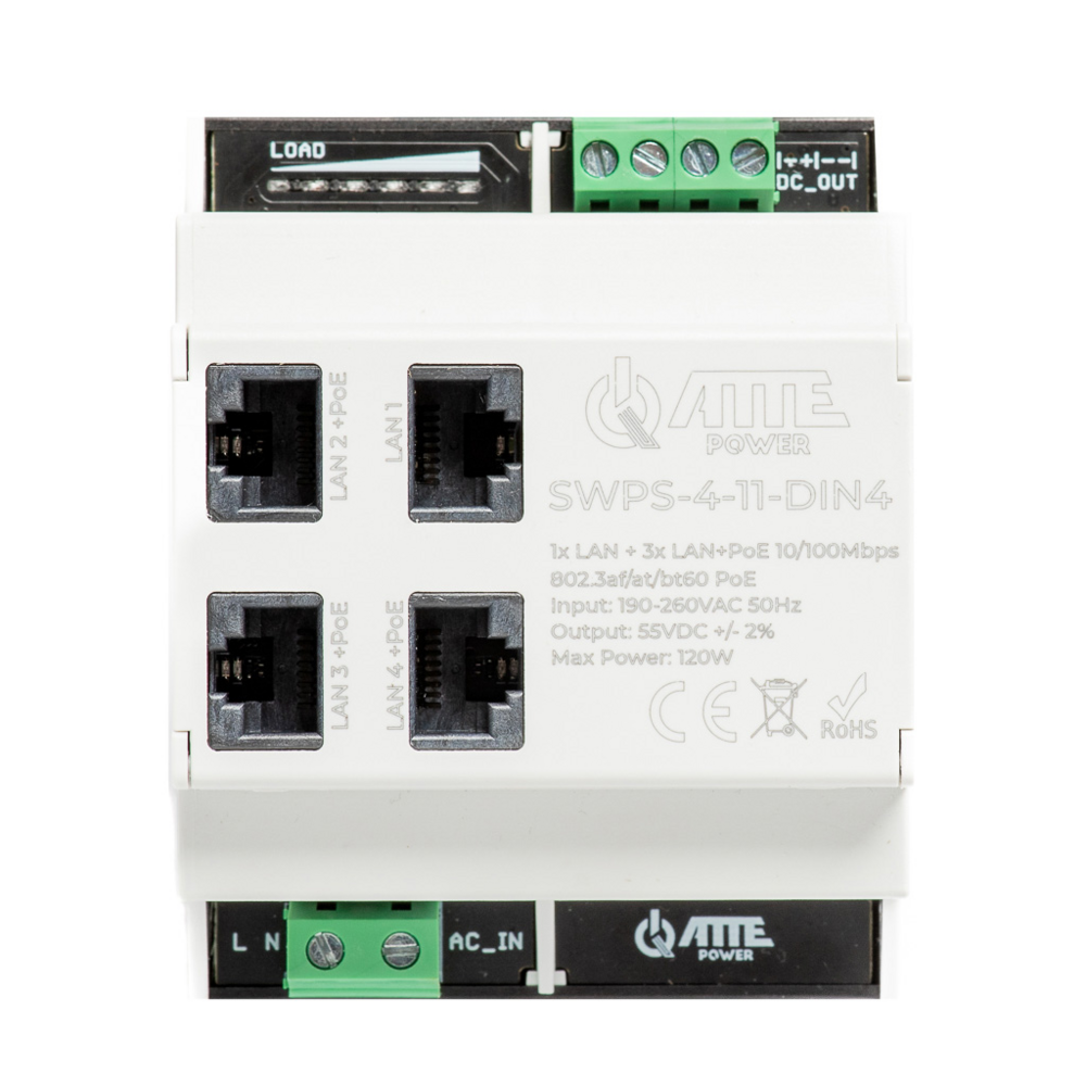 Switch PoE 4 portowy z wbudowanym zasilaczem na szynę TH35 SWPS-4-11-DIN4 ATTE